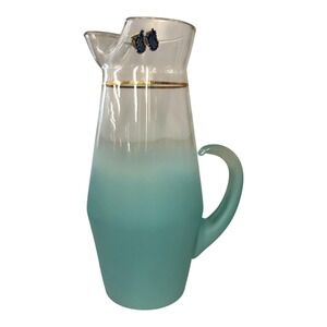 Vintage West Virginia Glass Ombre Frosted Aqua Blue Gold Band Pitcher Jug 11"